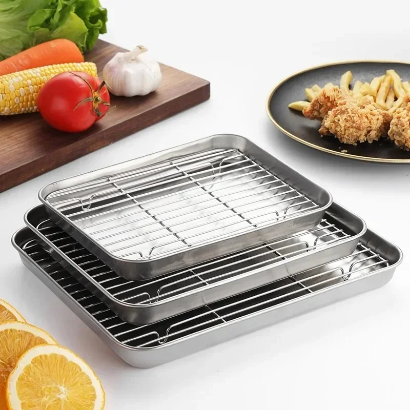 Kitchen And Baking Equipment - ถาดอบสแตนเลสพร้อมชั้นวางลวดเค้กอบบาร์บีคิวกระทะถาดแผ่นเตาอบบราวนี่ชั้นวางทําอาหารย่างย่างเครื่องมือ