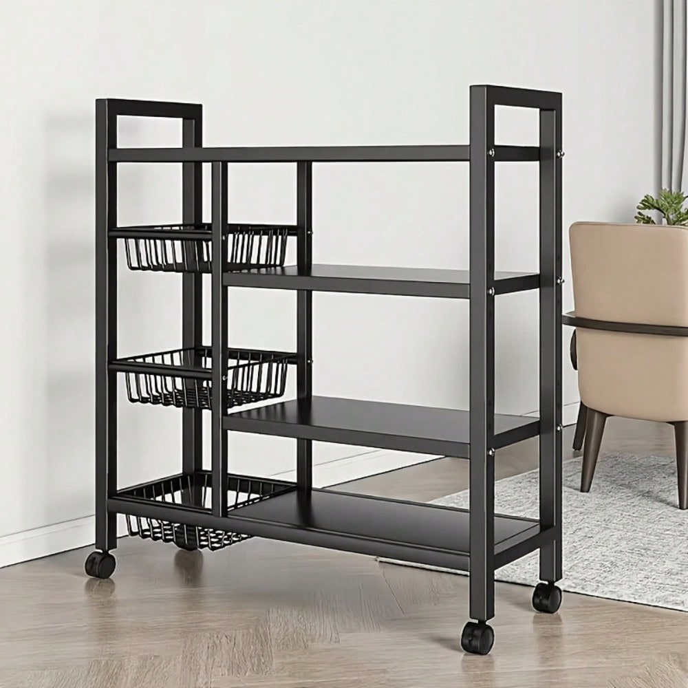 Kitchen Baking Island - ชั้นวางของในครัวแบบเคลื่อนย้ายได้พร้อมตะกร้าตาข่ายโลหะขนาดใหญ่และที่วางไมโครเวฟ – ชั้นวางอเนกประสงค์สำหรับการอบและจัดระเบียบสำหรับเคาน์เตอร์, ห้องเก็บของ หรือเกาะครัว –