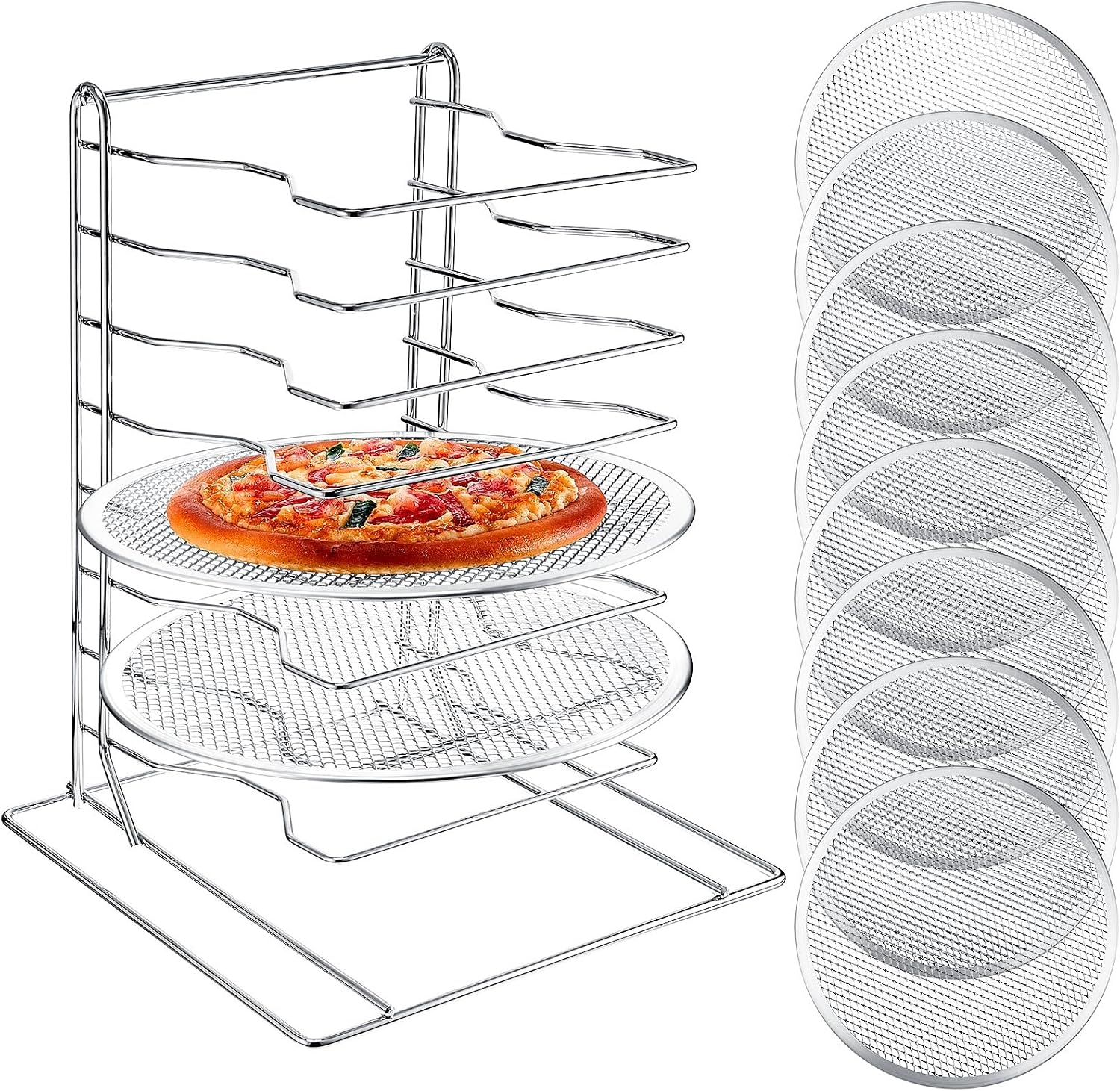 Kitchen And Baking Equipment - ชั้นวางพิซซ่า 8 ชั้น พร้อมถาดอบอลูมิเนียม 8 ถาดที่มีรู