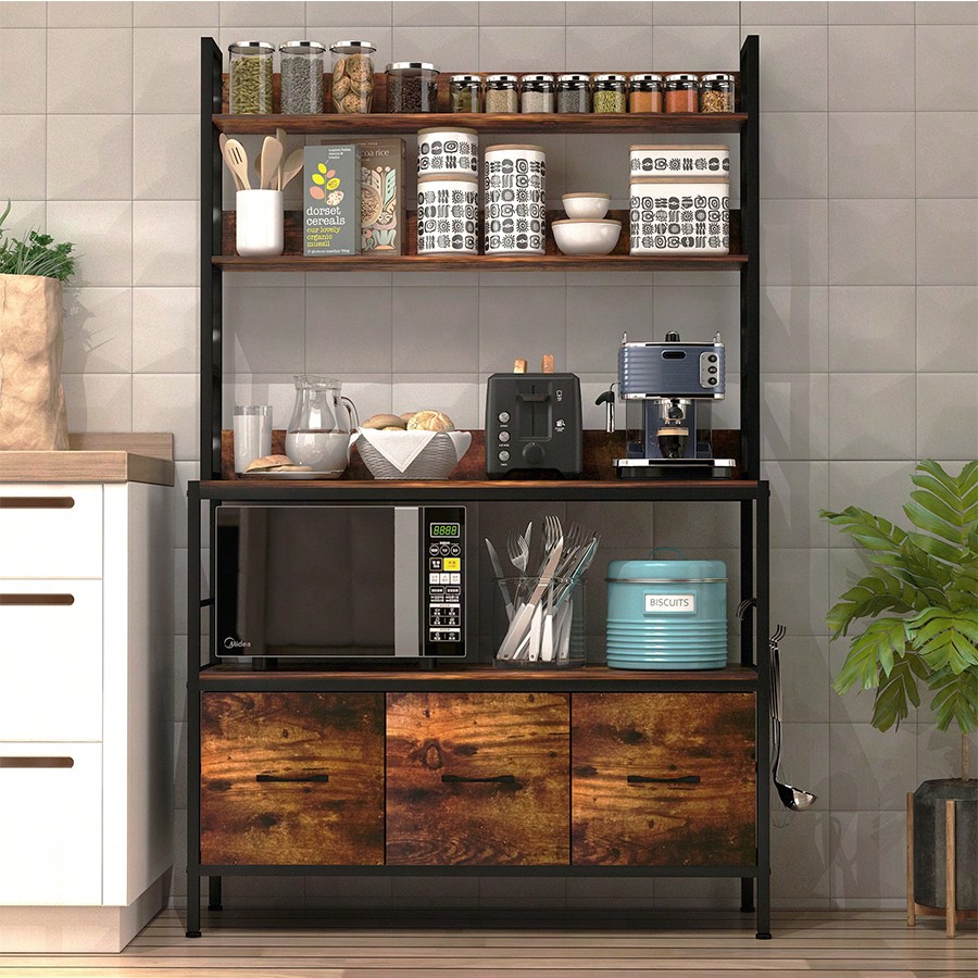 Kitchen Baker - ชั้นวางของในครัวพร้อมตะกร้า 3 ใบ, ชั้นวางของในครัวแบบตั้งพื้น 5 ชั้น,