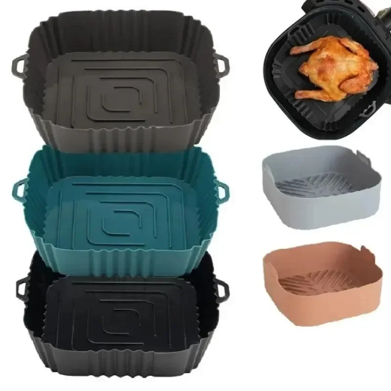 Kitchen And Baking Equipment - ตะกร้าซิลิโคนสำหรับหม้อทอดไร้น้ำมัน 1 ชิ้น, ถาดรองอบทรงกลม/สี่เหลี่ยม ใช้ซ้ำได้ สำหรับพิซซ่า