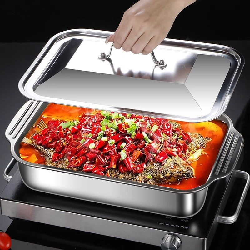 Kitchen And Baking Equipment - ถาดอบสแตนเลสทรงลึกพร้อมฝาปิด ถาดอบรูปสี่เหลี่ยมผืนผ้าอเนกประสงค์สำหรับเตาอบ ใช้สำหรับทำอาหารทะเล ปลาปิ้งย่าง