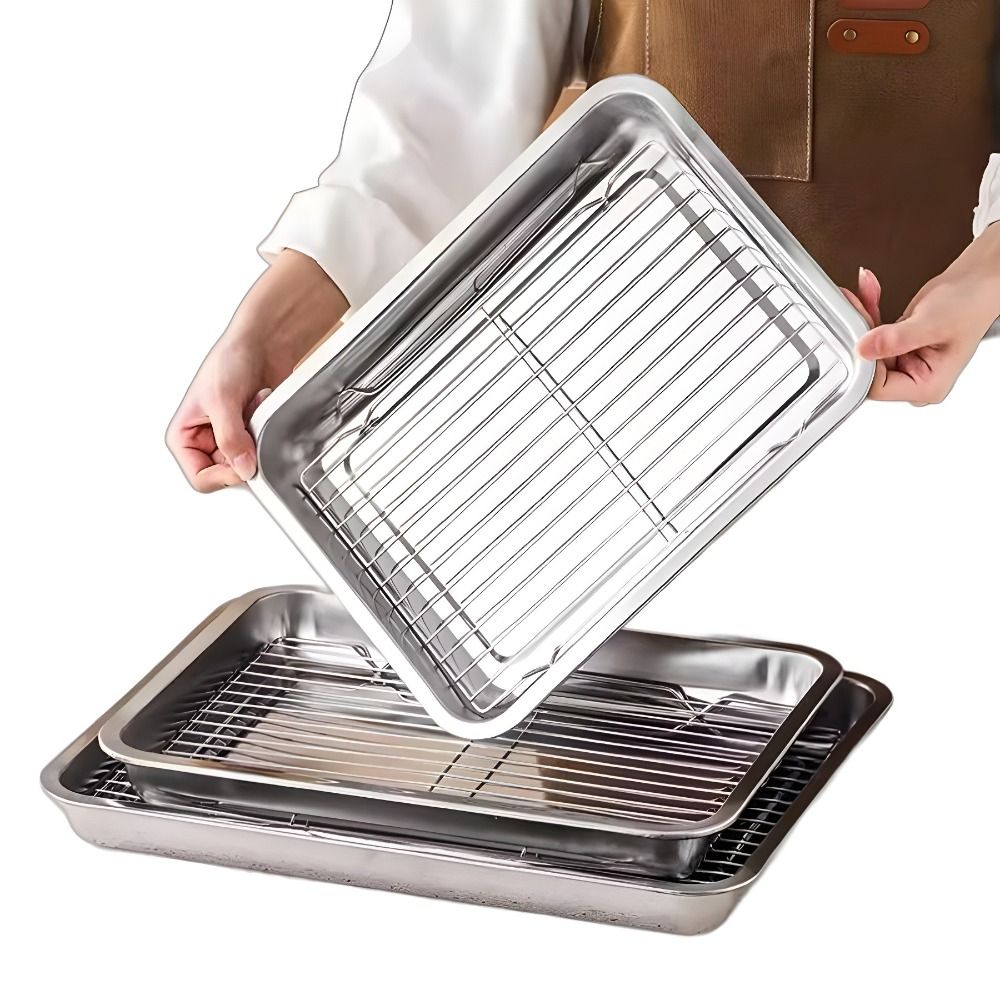 Kitchen Baking Rack - ถาดอบสี่เหลี่ยมสแตนเลสแบบพกพาเคลือบสารกันติด พร้อมตะแกรงระบายความร้อนสำหรับเตาอบ ใช้สำหรับทำอาหารและย่าง