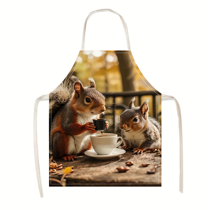 Kitchen Baking Ideas - ผ้ากันเปื้อนลินินลายกระรอกและกาแฟ สำหรับทำครัว อบขนม ทำสวน งานฝีมือ ศิลปะ