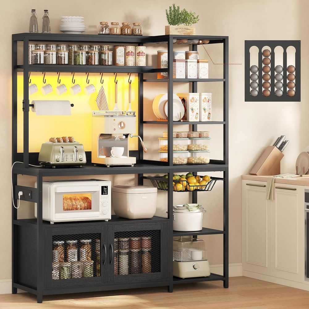 Kitchen Baker - ชั้นวางของสำหรับทำขนมพร้อมปลั๊กไฟและไฟ LED, บาร์กาแฟพร้อมที่ใส่แคปซูล, ชั้นวางไมโครเวฟในครัวพร้อมที่เก็บของ, ที่ใส่กระดาษ, ตู้เก็บของ
