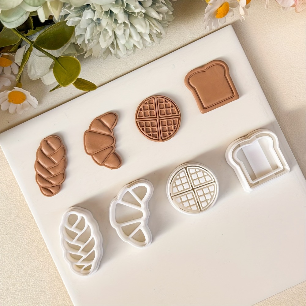 Kitchen Baking Cookies - ชุดเครื่องตัดคุกกี้รูปขนมปัง 4 ชิ้น, ครัวซองต์, ขนมปังปิ้ง, วาฟเฟิล