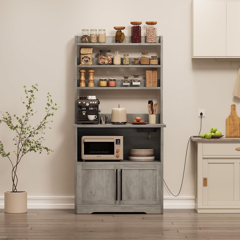 Kitchen Baker - ชั้นวางของสำหรับทำขนมพร้อมปลั๊กไฟและพอร์ต USB, ชั้นวางไมโครเวฟพร้อมที่เก็บของและเคาน์เตอร์หนา, ตู้เก็บของสำหรับมุมกาแฟในครัว